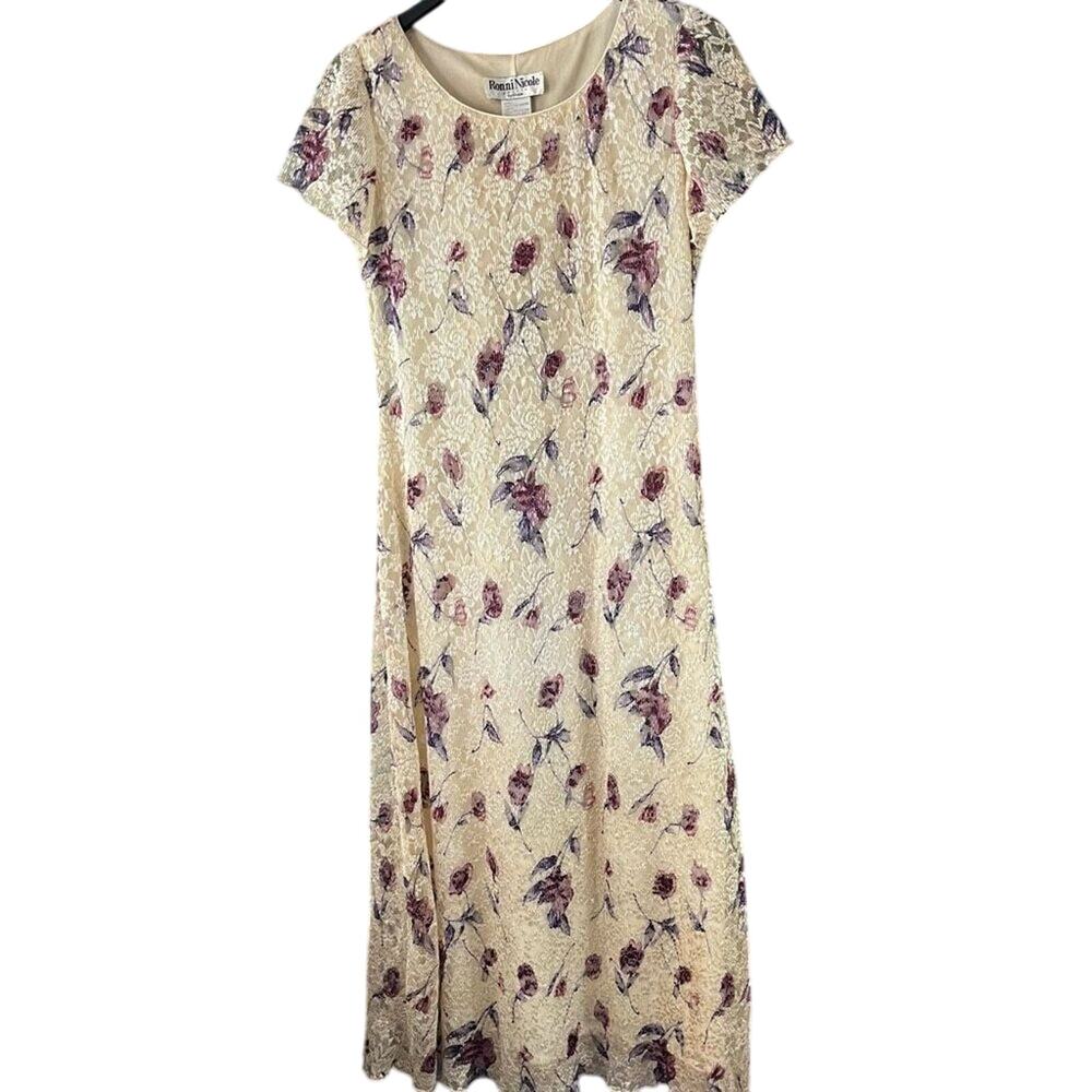 Vintage 90s Ronni Nicole Ouida Floral Lace Maxi Dress 12 Petite 12P Romantic